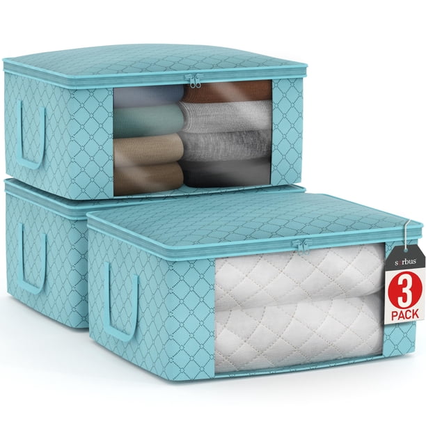 Sorbus Organizadores de bolsas de almacenamiento plegables, ventana grande transparente y asas de transporte, ideales para ropa, mantas, armarios, dormitorios y más (paquete de 3 Aqua)
