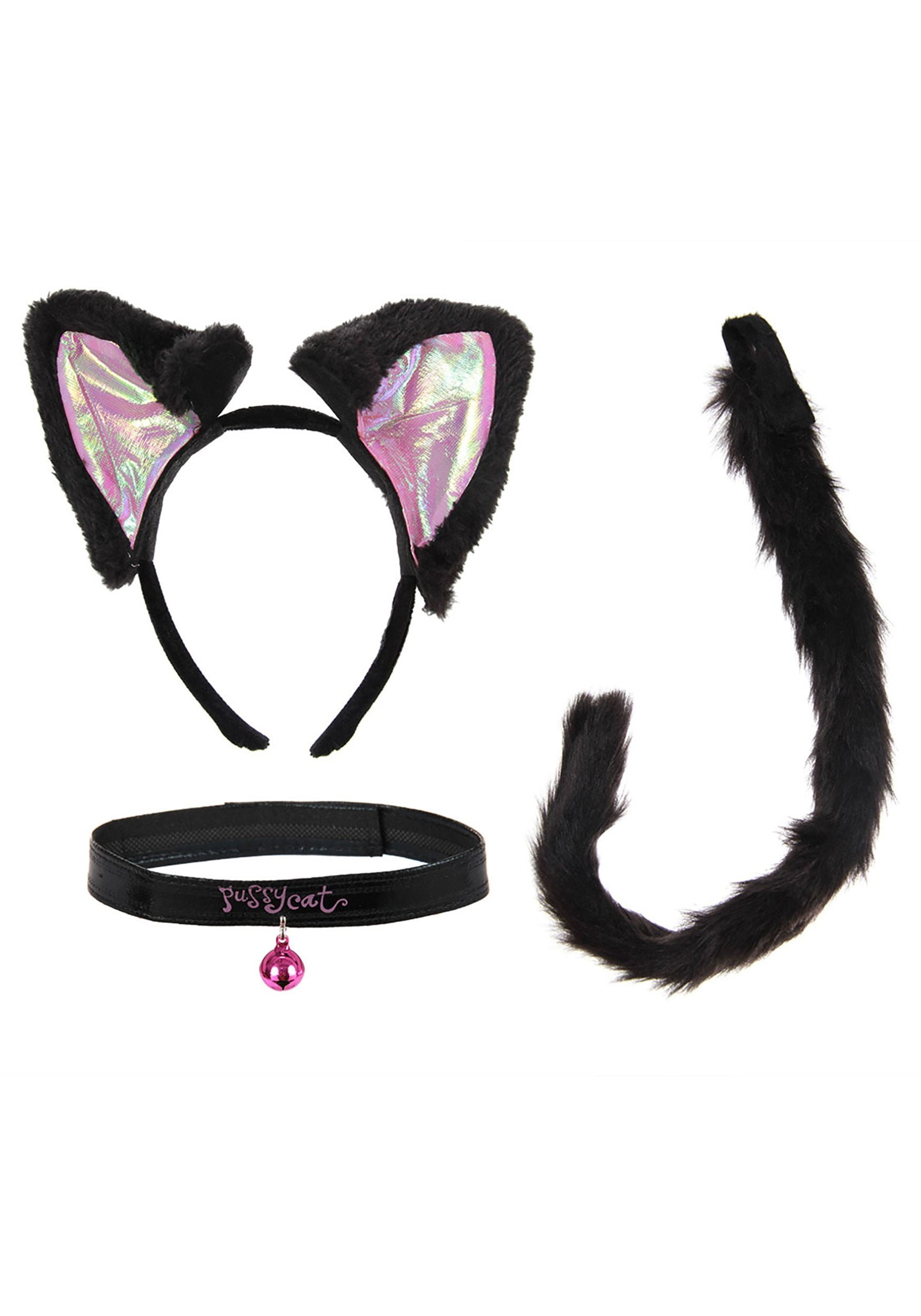 Child Cat Costume Kit Ears Headband Tail Collar Tie Girls Child Kids Black Kitty 