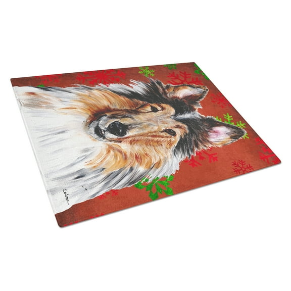 Collie Red Snowflakes Holiday Glass Cutting Board Large