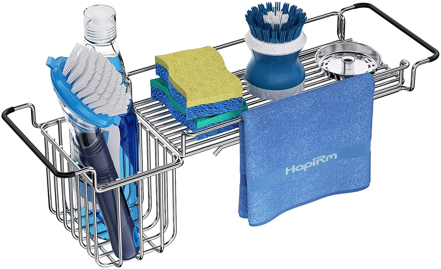 HapiRm Telescopic Sink Caddy Sponge Holder, Expandable  Kitchen Sink Organizer with Dish Clothes Hanger for Brush Dishwashing Liquid, Over Sink Rack Rustproof & Non-Slip, Stainless Steel