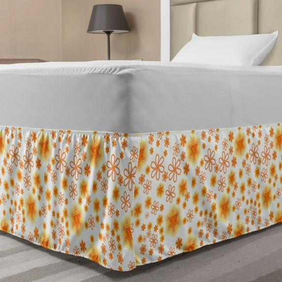 Floral Bed Skirt, Doodle Composition with Vintage Inspirations Abstract Summer Design, Elastic Bedskirt Dust Ruffle Wrap Around for Bedding Decor, 4 Sizes, Vermilion Yellow White, by Ambesonne