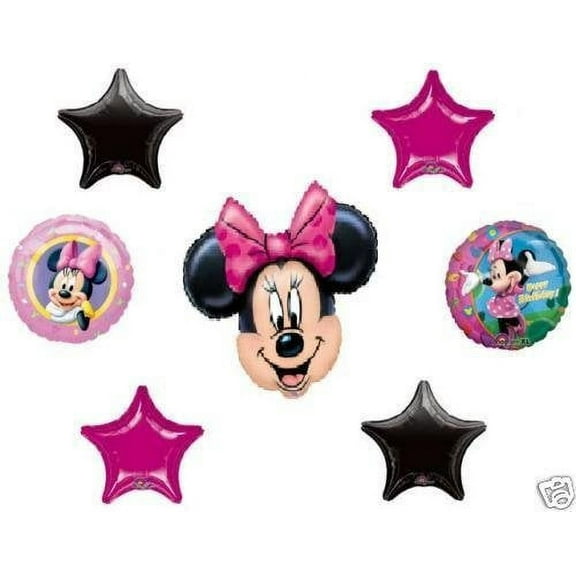 MINNIE MOUSE Pink Bow Head Face Ears Stars (7) Birthday Party Mylar Balloons SET