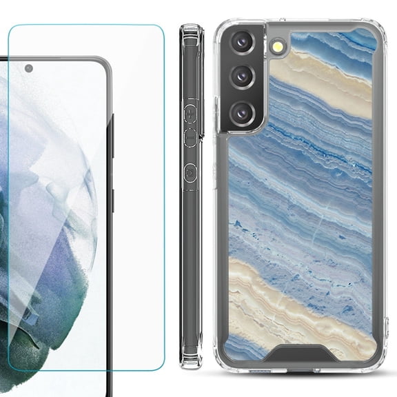 Shockproof Bumper Phone Case for Samsung Galaxy S22 5G, with Tempered Glass Screen Protector, by OneToughShield ® - Marble/ Marina Blue