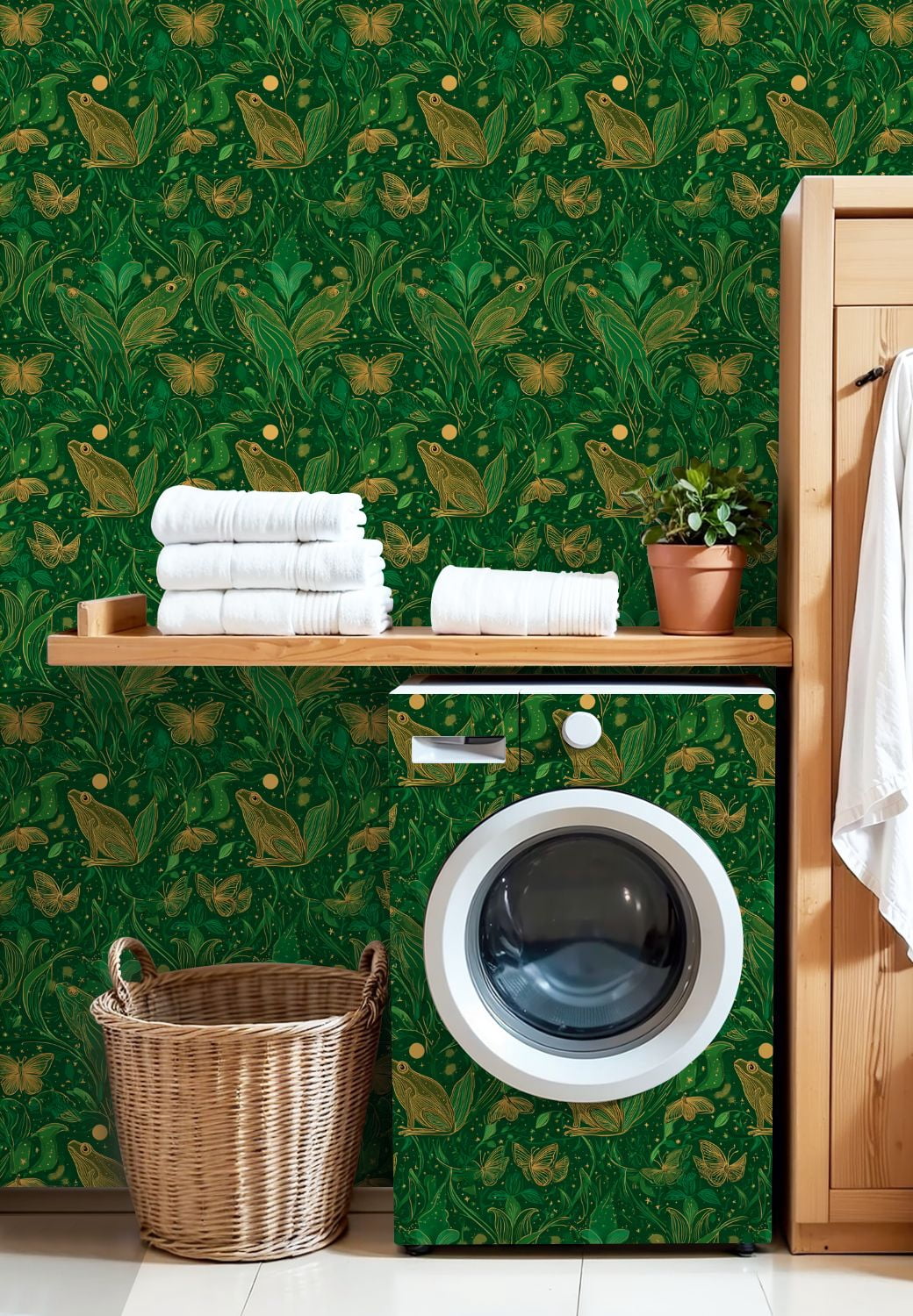 Vintage Peel and Stick Wallpaper Whimsical Frogs Butterflies Floral Elements Green Gold Wall Mural 17.7in x 9.8ft Self Adhesive Removable Wall Paper Renter Friendly Wallpaper for Nursery Bedroom