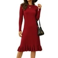 thumbnail image 3 of Women'S Ribbed Knit Sweater Dress Casual Long Sleeve Crew Neck Bodycon Pleated A Line Long Dress Streetwear Wine Red XXL, 3 of 9