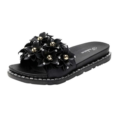 

Sandals For Women Ladies Fashion Flower Crystal Bohemian Flat Slippers Sandals Casual Beach Shoes PU Black sandals for Women