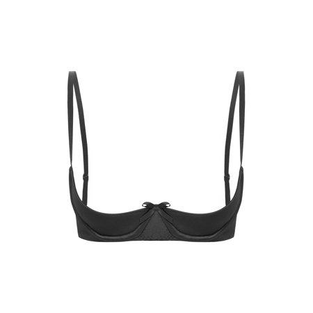 Zaldita Women's Shiny Satin 1/4 Cup Underwire Bra Padded Push Up Shelf Bra Balconette Brassiere A Black L