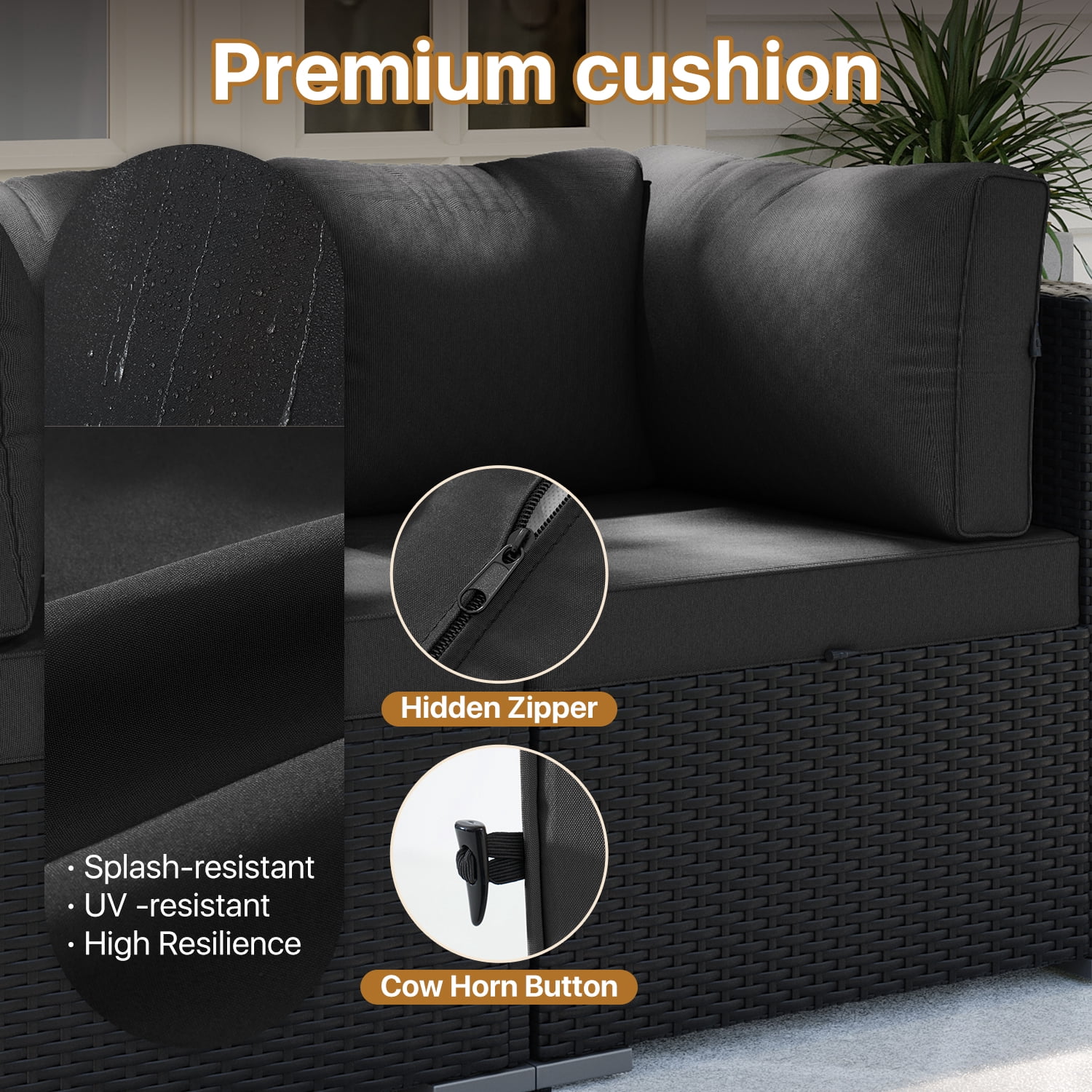 BaPiPro 7-Piece Outdoor Patio Furniture Set, Black Wicker Rattan Sectional Sofa with Black Cushions & Coffee Table, All-Weather for Backyard, Porch, Deck, Balcony