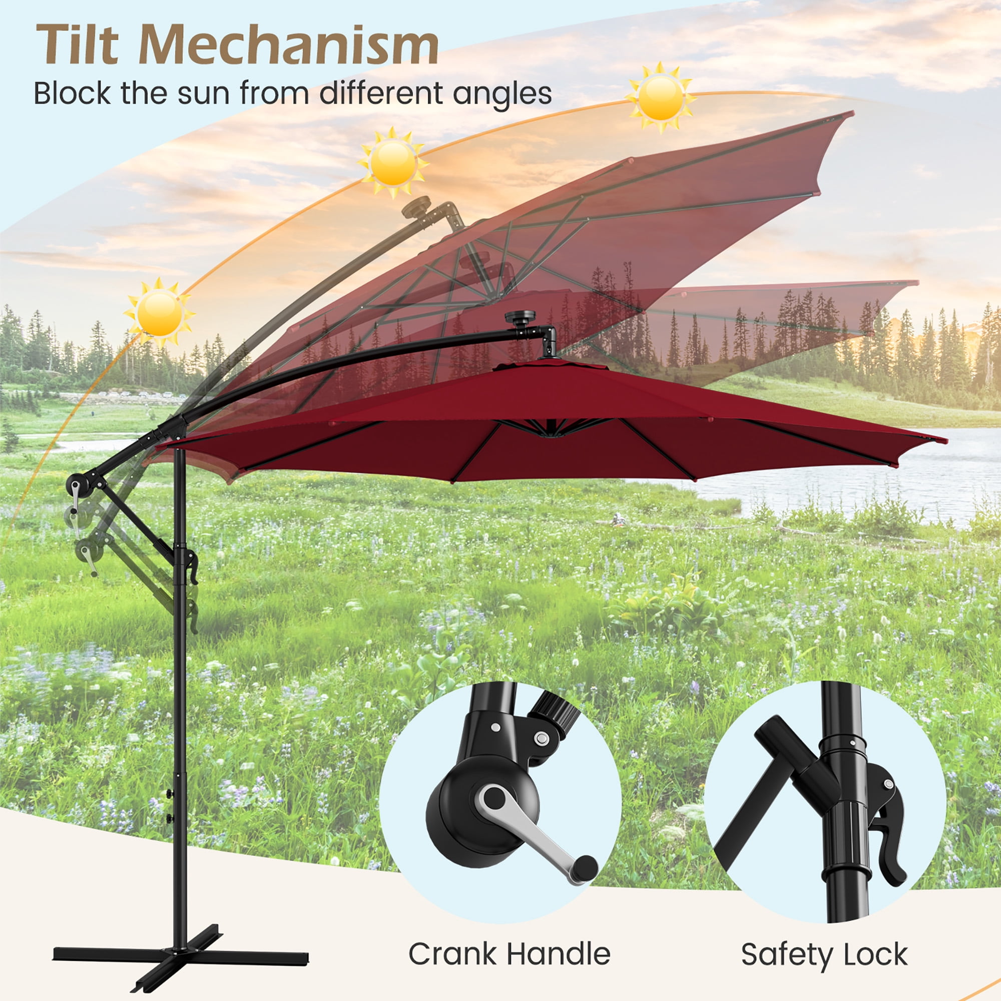 Costway 10ft Red Octagon Patio Solar-Lighted 112 LED Cantilever Offset Umbrella, Fade Resistant