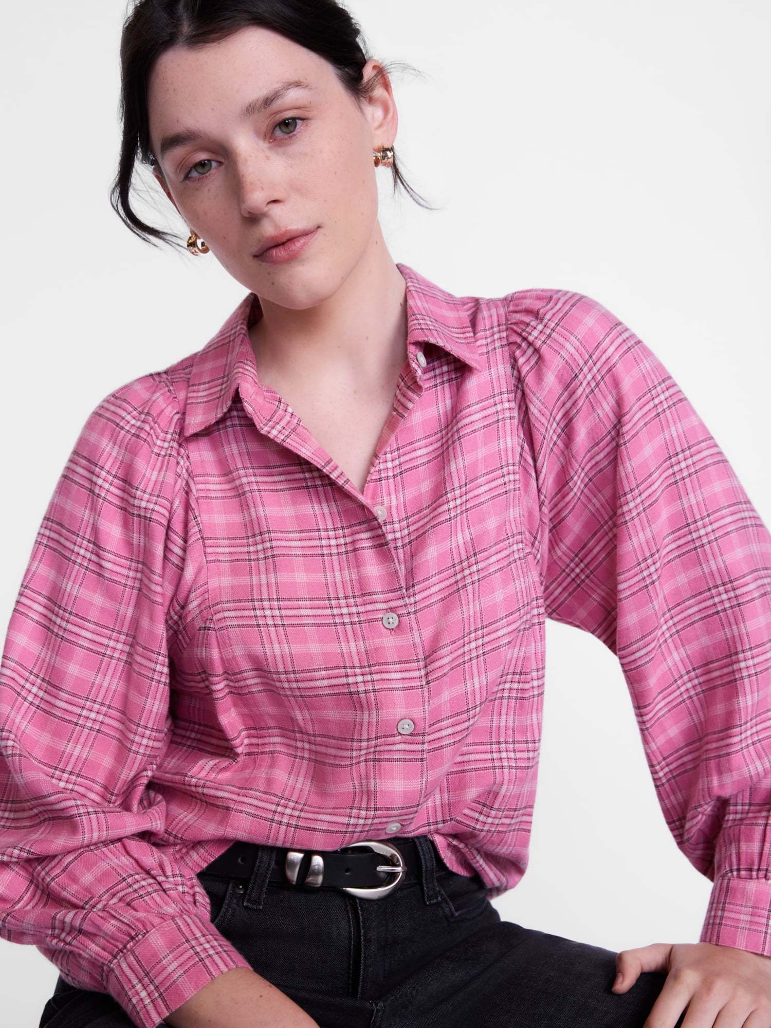 Scenario Women's Plaid Shirt with Long Puff Sleeves, Sizes XS-XXXL