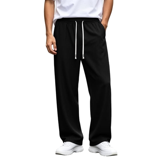 Yongwang Mens Textured Straight Leg Pants Drawstring Elastic Waist Pants Casual Athletic Outfits Long Trousers