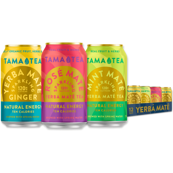 Sparkling Yerba Mate Variety Pack by Tama Tea - Healthy Energy Drink Alternative - Made with Real Fruit & Herbs - 120mg of Caffeine, No Sweeteners, 10 Calories - 12oz Pack of 12