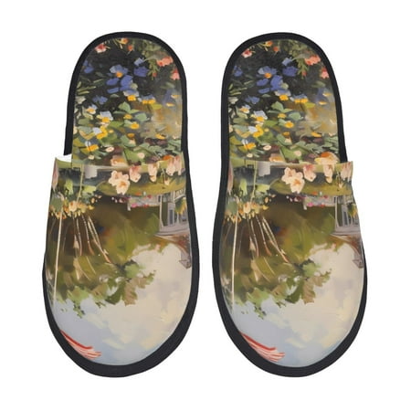 Balery American Flag Rose Garden Slient Indoor Furry Fleece Comfort House Shoes Soft Non-Slip Home Shoes Cotton slippers House Slippers-- Medium