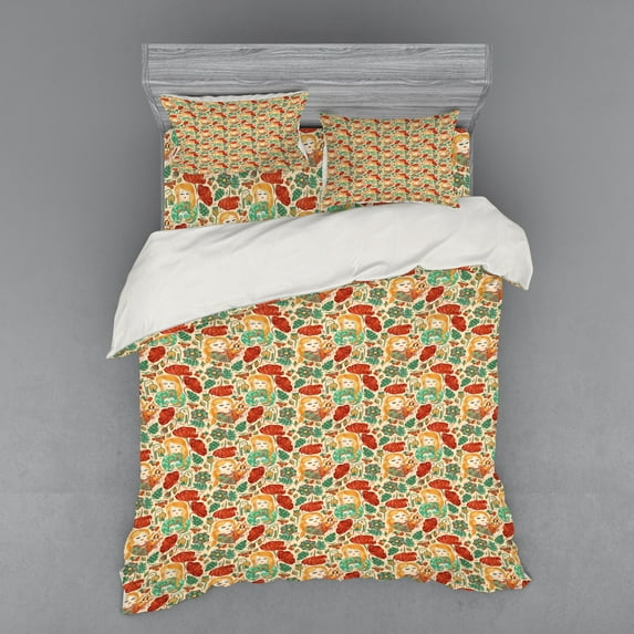 Ambesonne Floral Bedding Set 4 Pcs, Girls Cats and Birds, Queen, Multicolor