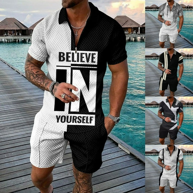 Mens Summer Outfit 2 Piece Set Short Sleeve zip Shirts and Shorts Sweatsuit Set