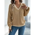 thumbnail image 5 of Women'S Long Sleeve V Neck Cable Knit Sweater 2025 Fall Pullover Top Cute Soft Dressy Casual Outfits Khaki S, 5 of 8