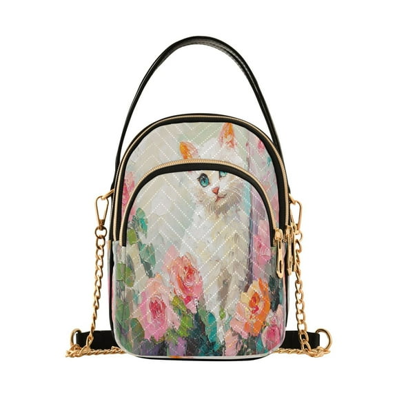 YAZAOO Cross Body Fashion Shoulder Waist Purse Bags Cat with Colorful Flowers Pocket Handbags