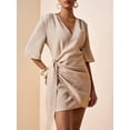 thumbnail image 4 of Brown Linen V-Neck Wrap Mini Dress With Side Tie, Casual Summer Style, 4 of 8