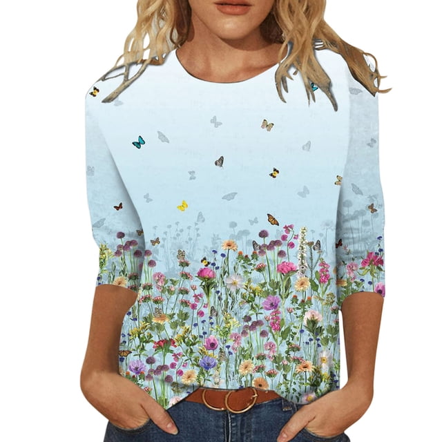 Chemise Imprimée 2025 pour Femmes Col Roulé Manches Longues Hauts d'Été Décontractés Chemises à Manches Longues Florales Manches Trois-Quarts Col Rond Tunique Fleur Ample Fendue sur le Côté