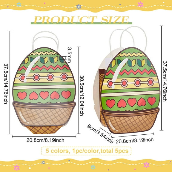 5pcs 5 colors Easter Egg Shaped Paper Bags Candy Treat Bags with Handles for Gift Storage Mixed color 37.5cm bag: 30.5x20.8x9cm 1pc/color