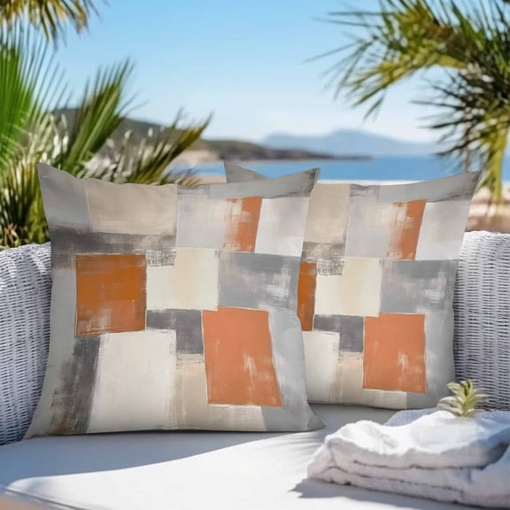 Outdoor Pillow Covers Waterproof, Burnt Orange Grey Throw Pillowcase Decorative Cover, Modern Abstract Oil Painting Garden Cushion Case Set of 2 for Sofa, Couch, Tent, Patio 18"x18"
