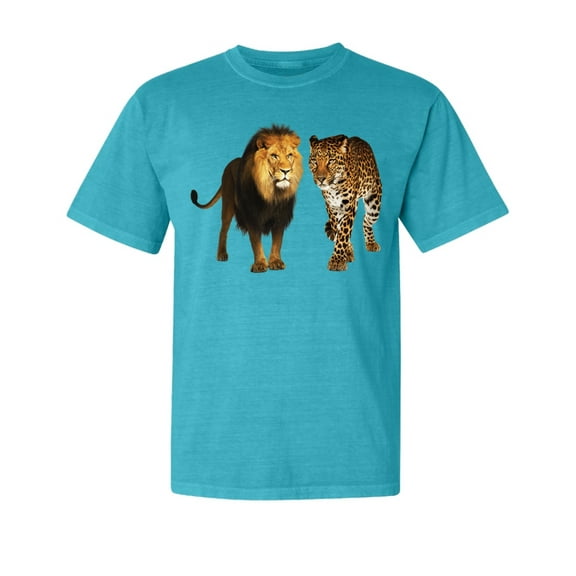 Wild Bobby, Wild African Lion and Cheetah, Animal Lover, Garment-Dyed Washed Look Short Sleeve T-Shirt, Blue Lagoon, Small