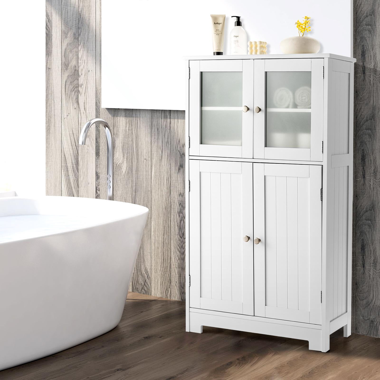 Giantex Bathroom Storage Cabinet w/Adjustable Shelf, Freestanding Wooden Floor Anti-toppling Device, Pantry Tempered Glass Doors for Kitchen Dining Room & Livingroom