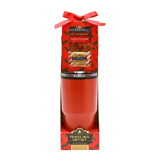 Ghirardelli Cocoa and Chocolate Holiday Gift Set with 22oz Stainless Steel Red Travel Mug, 1.26oz
