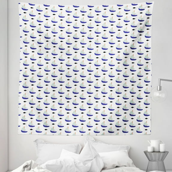 Sailboat Tapestry, Minimalist Curvy Design of Sailboats and Black Molly Fishes, Fabric Wall Hanging Decor for Bedroom Living Room Dorm, 5 Sizes, Violet Blue Pale Blue, by Ambesonne
