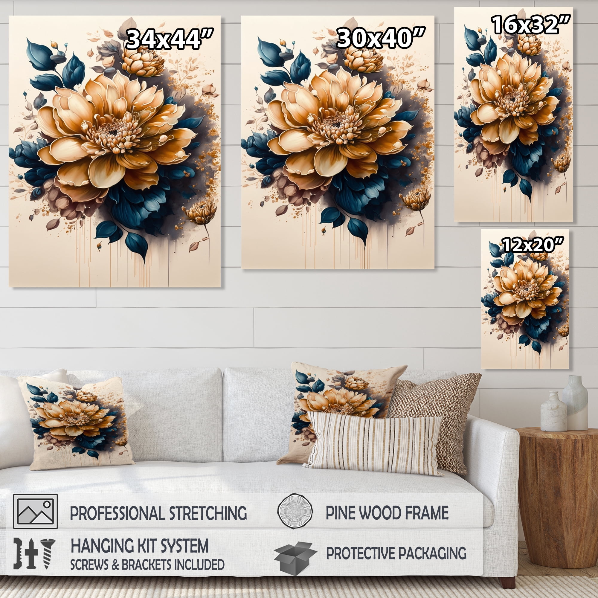 Designart Light Orange And Dark Blue Dhalia I Canvas Wall Art