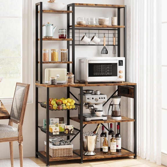 Bakers Rack with Power Outlet, Industrial Microwave Stand with 2 Wire Drawer, Large Coffee Bar Station, 7-Tier Kitchen Bakers Rack with Storage for Kitchen Spice, Pots Organizer, Rustic Brown