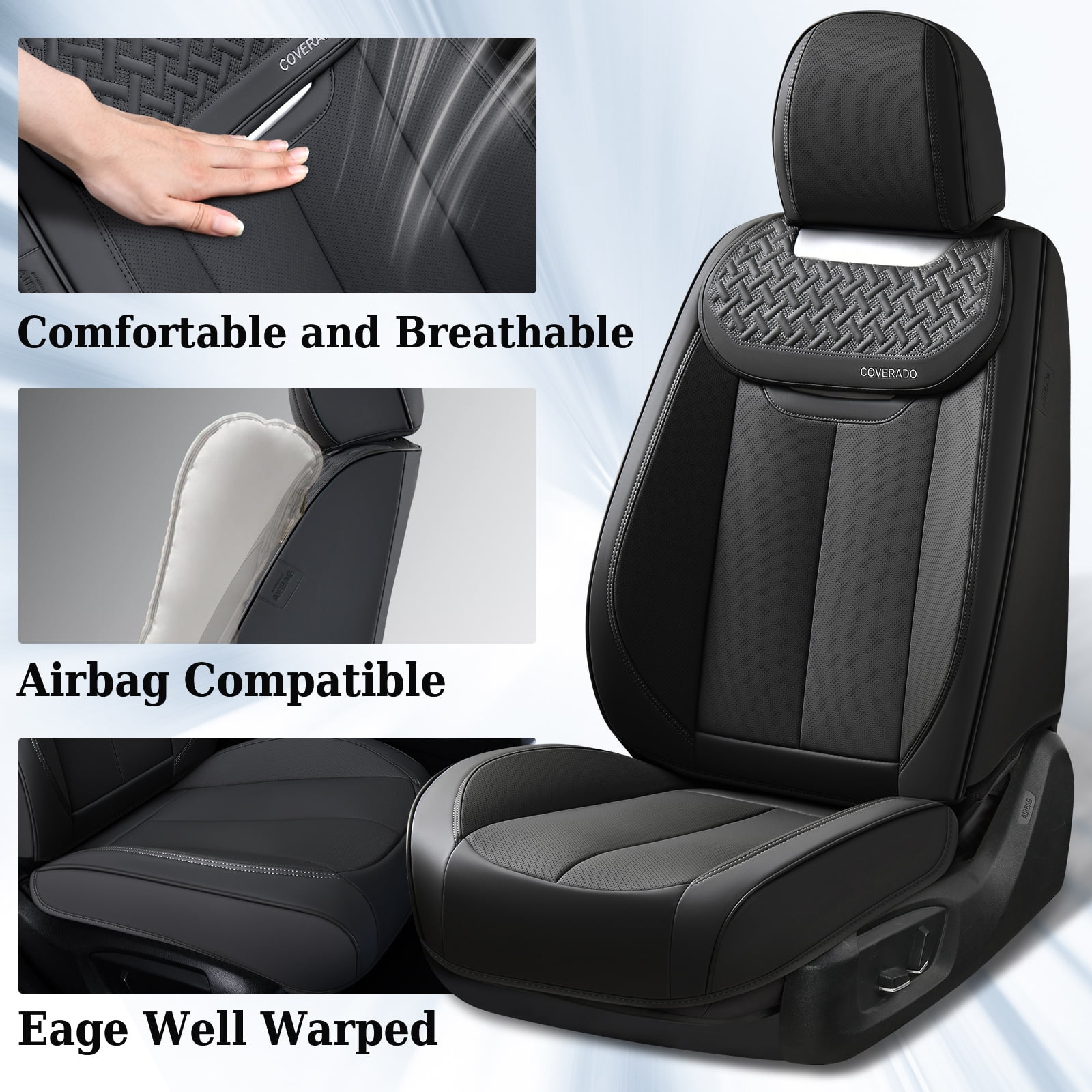 Coverado Front Car Seat Covers, Luxury Leather Car Seat Protectors, Automotive Interior Cushions Universal Fit Most Cars, Black