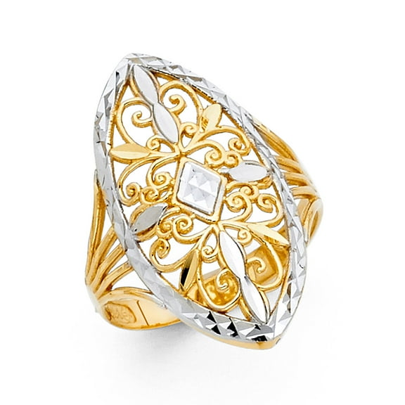 14k Yellow White Gold Oval Fancy Ring Diamond Cut Filigree Design Polished Two Tone Solid 25MM Size 7