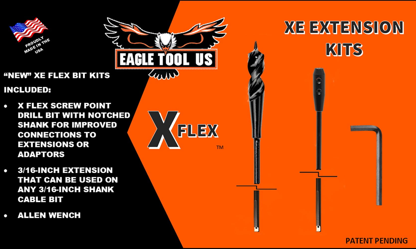 Eagle Tool US ESP37554XE X Flex Installer Drill Bit and Extension Kit, Screw Point, 3/8-in by 54-in bit and 3/16-in by 36-in Extension, Made in the USA