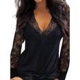 thumbnail image 1 of Blusa de mujer tops de encaje sexy túnica suelta camiseta larga tops de manga larga camisa larga con cuello en V, 1 of 3