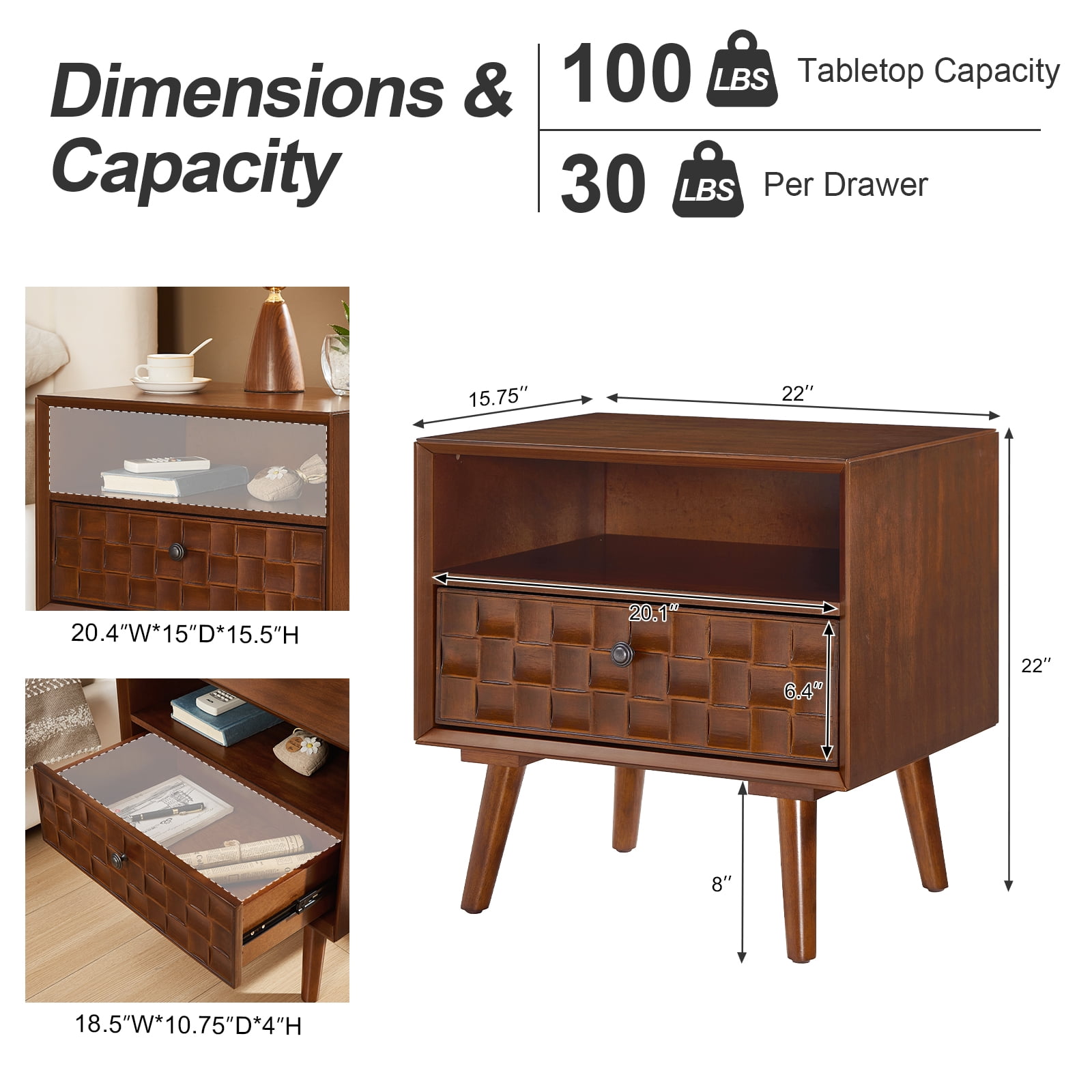 22-Inch Mid-Century Nightstand with Carved Geometric Drawer and Open Shelf, Wood Bedside Table and End Table for Small Spaces, Walnut