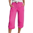 thumbnail image 2 of Bovemsi 2025 Women's High Waist Bubble Textured Linen 3/4 Cropped Trousers - Lightweight Summer Pants with Pockets, Pink, XL, 2 of 5