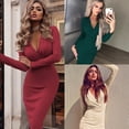 thumbnail image 4 of Zeus Fashion Lady Solid Color Long Sleeve Cross V Neck Bodycon Banquet Midi Dress, 4 of 7