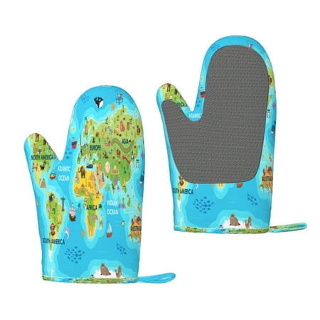 

Hirioo World Map With Animals Landmarks for Silicone Oven Mitts for BBQ Baking Cooking Set of 2 Heat Resistant 260℃ Non-Slip Kitchen Essentials