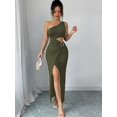 thumbnail image 6 of Green One Shoulder Cut Out Side Belt Split Maxi Dress For Women, 6 of 6