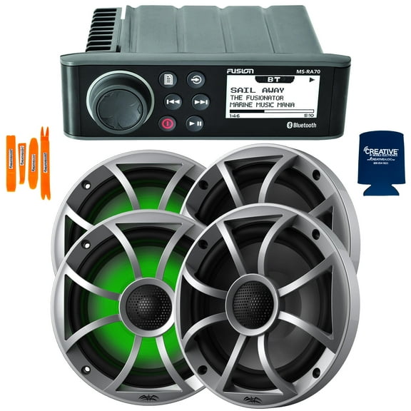 Fusion MS-RA70 Marine AM/FM/BT Stereo with 2 Pair Wet Sounds RECON 6-S RGB High Output 6.5" RGB Lighting Marine Coaxial Speakers, Silver Grill
