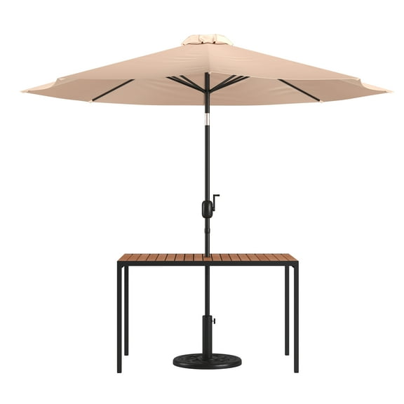 Flash Furniture Lark Series 3-Piece Steel Teak Patio Table with Umbrella and Stand, Tan