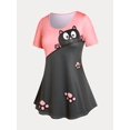 thumbnail image 1 of Camiseta con Estampado de Gato en Talla Extra con Color Bloque Rosegal  Camisetas tallas grandes, 1 of 5