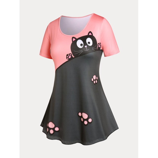 Camiseta con Estampado de Gato en Talla Extra con Color Bloque Rosegal Camisetas tallas grandes