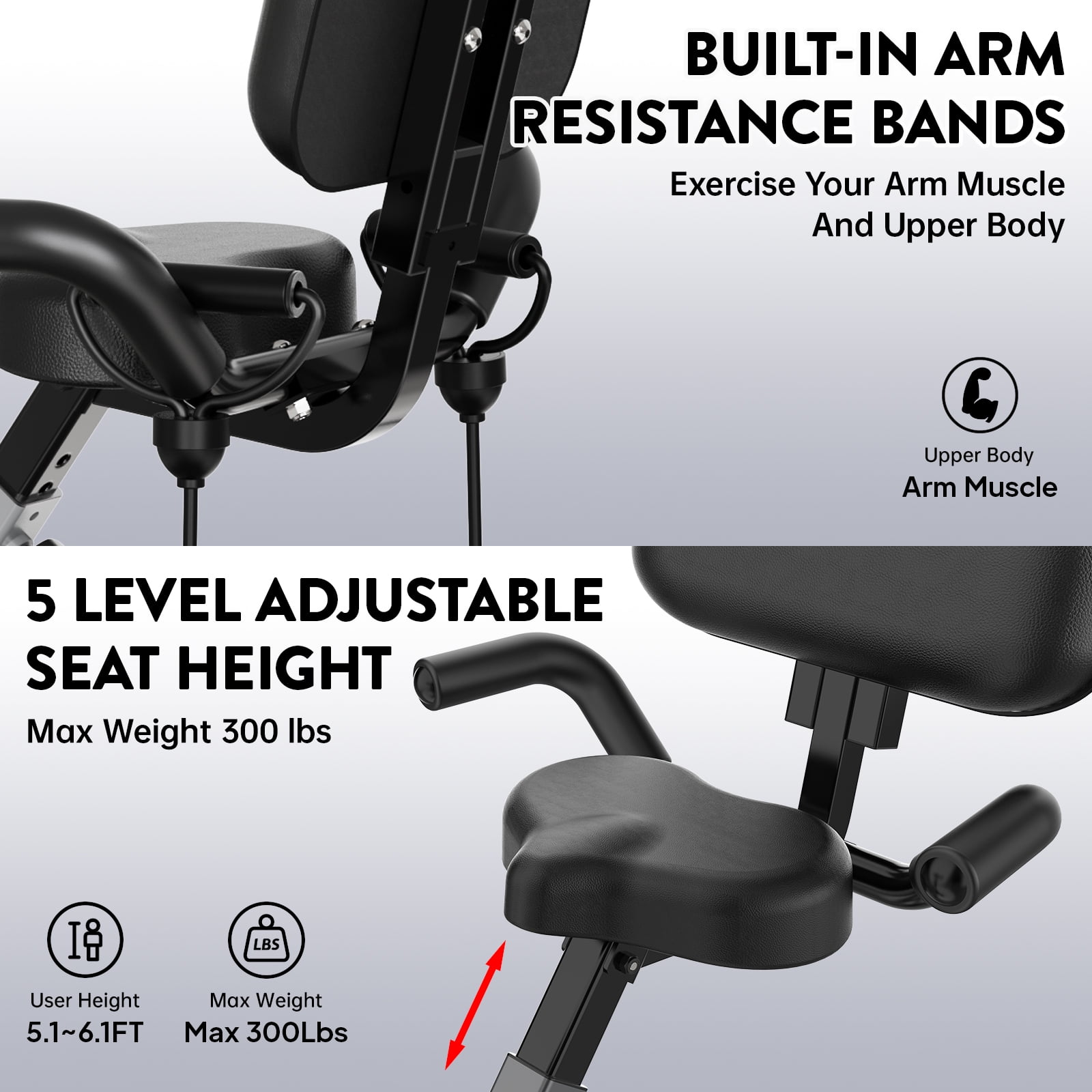Pooboo Folding Exercise Bike Indoor Stationary Cycling Bicycle Upright Magnetic Workout Bicycle With Dumbbells and Resitance Bands Maximum Weight 300LBS