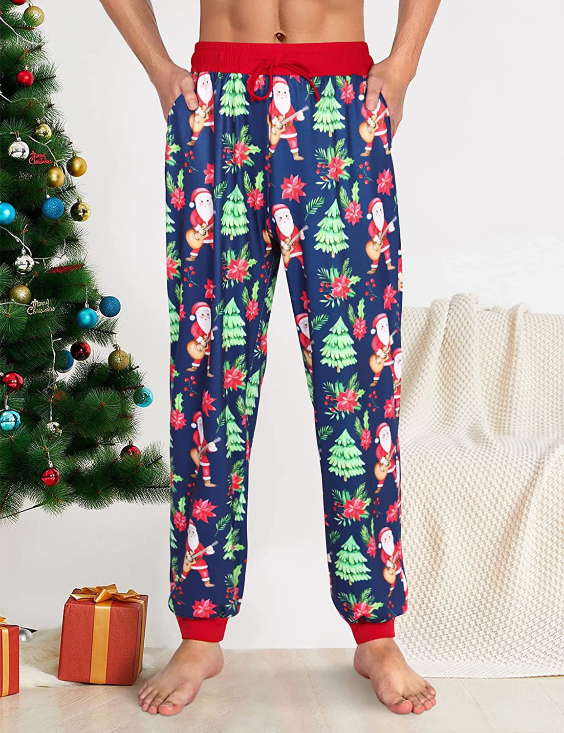 Mens Christmas Pajamas Pants Soft Pjs Bottom Holiday Pajama Pants With  Pockets Sleep Lounge Pants XX-Large