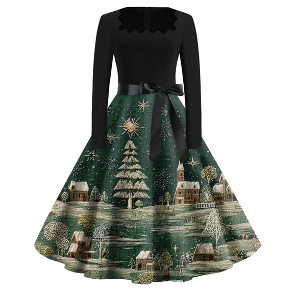 Women's Fashion Round Neck Casual Slim Christmas Printed Long Sleeve Dresses, Square Neck, Holiday Print, Retro Style, Party Wear, Slim Fit, Festive,Dark Green,2XL