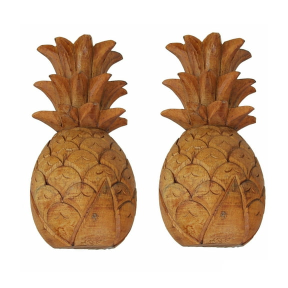 Zeckos Set of 2 Hand Carved Wood Pineapple Hanging Wall Art Sculptures Home Decor