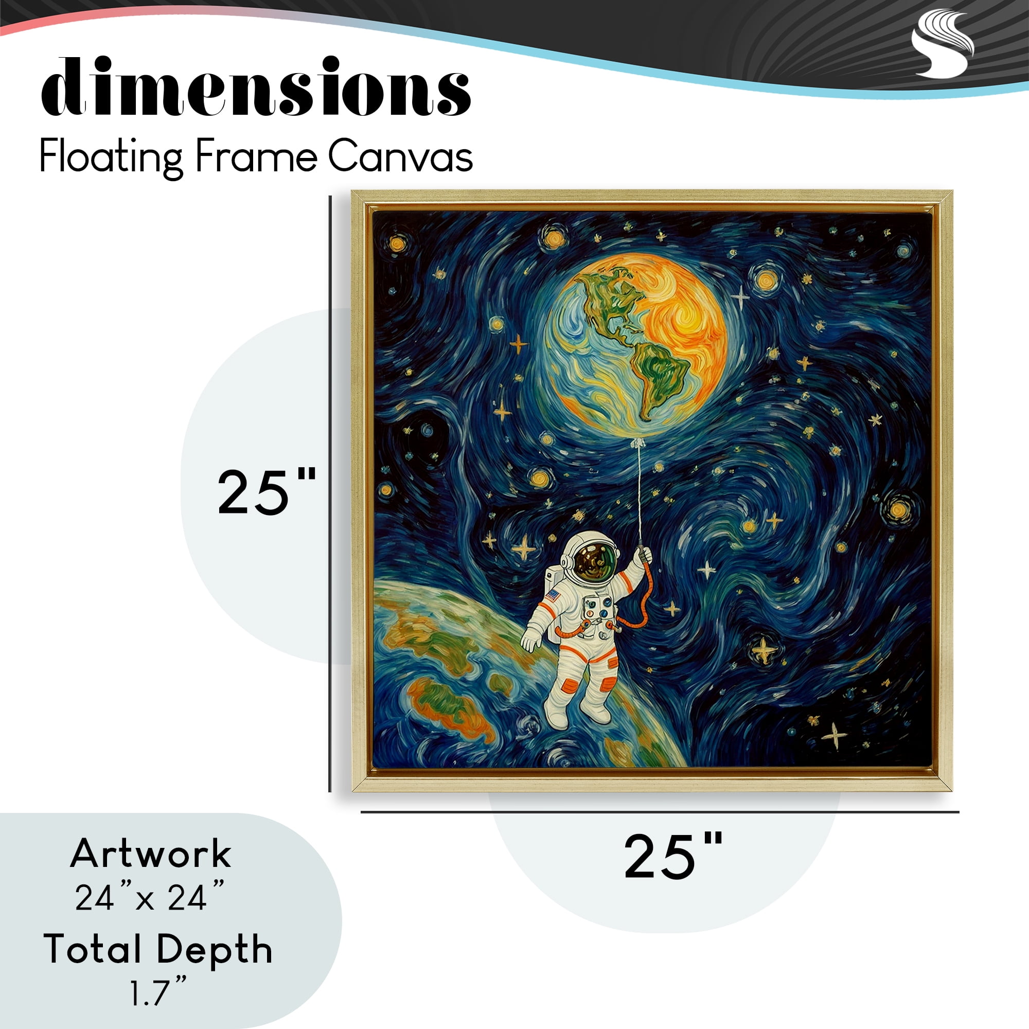 Astronaut with Earth Balloon Gold Framed Floater Canvas Wall Art, design by Angie Hawke