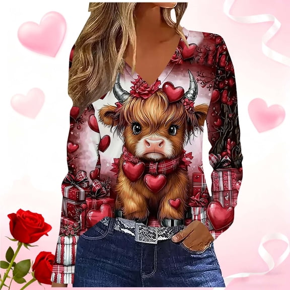 Wowcloth Women's V-Neck Long Sleeve T-Shirt with Valentine-Themed Random Print, Loose Fit Casual Fashion for Valentine's Day and Daily Wear